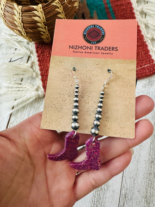 Summer Lovin’ Navajo Sterling Silver Pearl Beaded Opal Cowboy Boot Dangle Earrings
