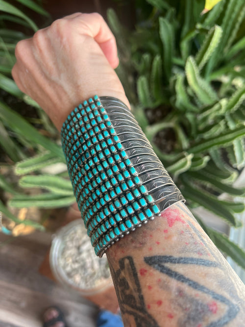 Stunning Old Pawn 15 Row Zuni Sterling Silver & Turquoise Gauntlet Style Cuff Bracelet by Clark Couyancy