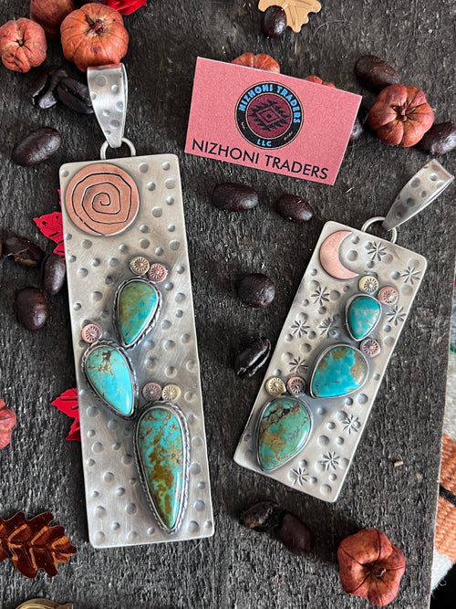 Kimari Somers Hand Stamped Sterling Silver, Copper, Brass & Kingman Turquoise Prickly Pear Cactus Moon Pendant