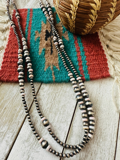 Navajo Sterling Silver Pearl & Queen Pink Conch 60” Beaded Necklace