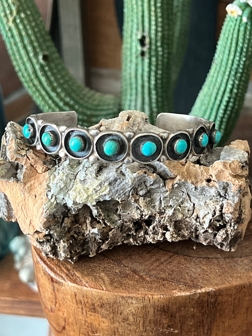 Vintage Zuni Sterling Silver and Round Turquoise Panel Stacker Cuff Bracelet