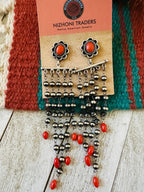Navajo Coral  & Sterling Silver Pearl Beaded Tassel Dangle Earrings