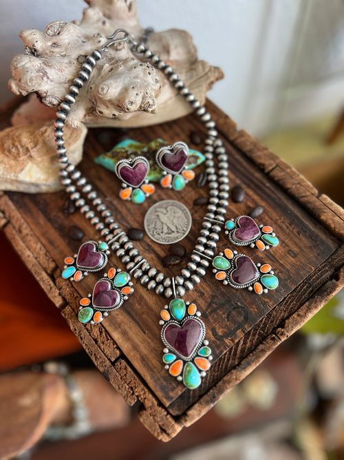 Navajo Made Sterling Silver Electric Rainbow Beaded Heart Cluster Necklace & Earrings Set by Angela Martin