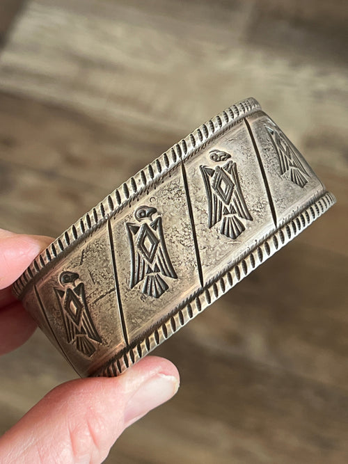 Hand Forged Old Pawn Sterling Silver Ingot Cuff Bracelet by Santa Fe Artist, Buffalo: The Birds