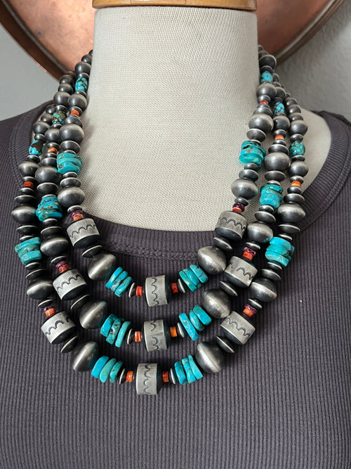 Navajo Sterling Silver, Kingman Turquoise and Spiny Oyster Shell Handcrafted Beaded Necklace by Rose Martin, 24 + 1-1/2 inches