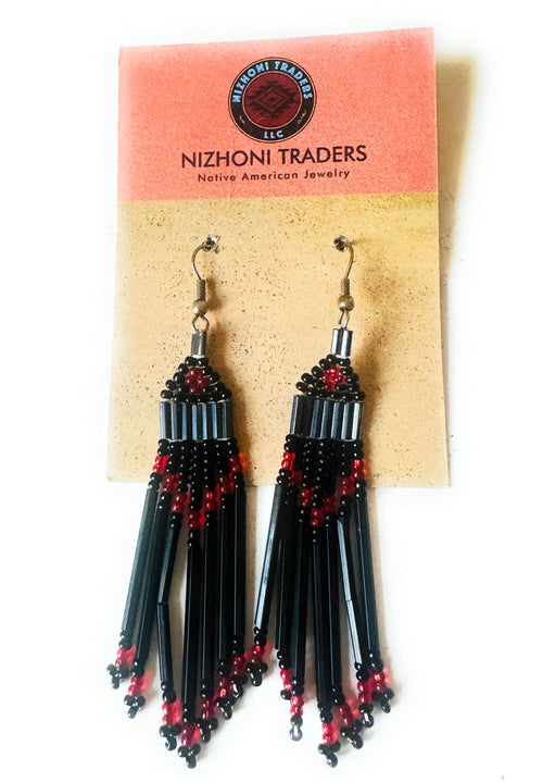 Navajo Black & Red Multicolor Beaded Dangle Earrings