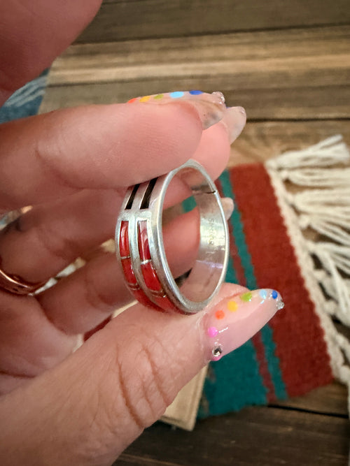 Old Pawn Handcrafted Coral & Sterling Silver Inlay Band Ring Size 11.75