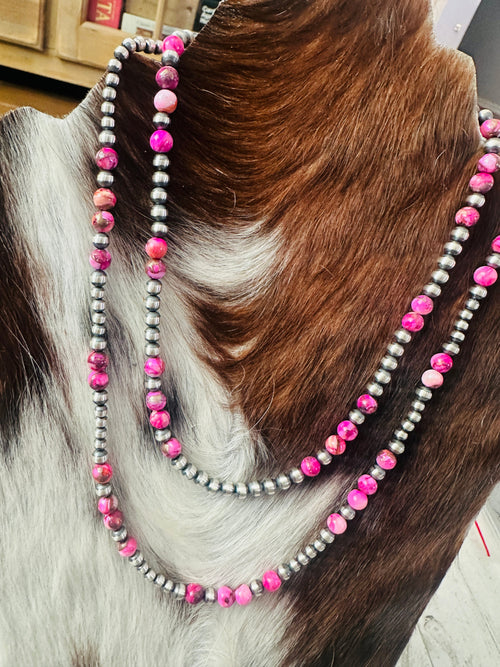 Navajo Sterling Silver & Pink Mojave Beaded Necklace