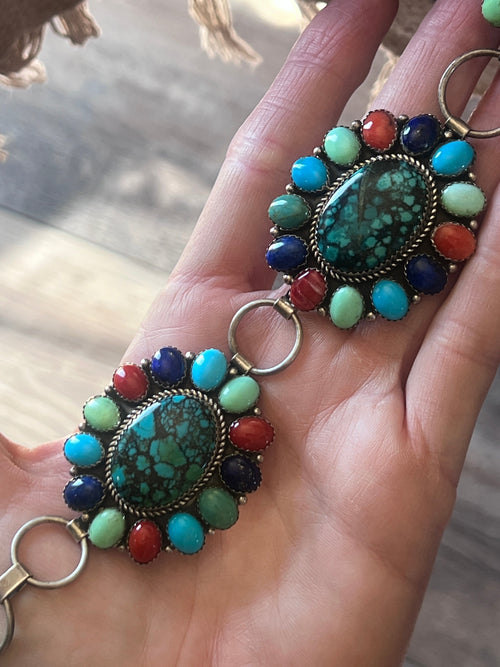 Stunning Estate Collection Handcrafted Sterling Silver and Multistone Cluster Link Concho Belt by Robert Shakey