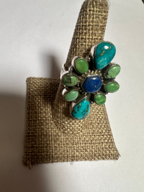 Beautiful Handmade Sonoran Mountain Turquoise, Palomino Turquoise, Lapis And Sterling Silver Adjustable Ring