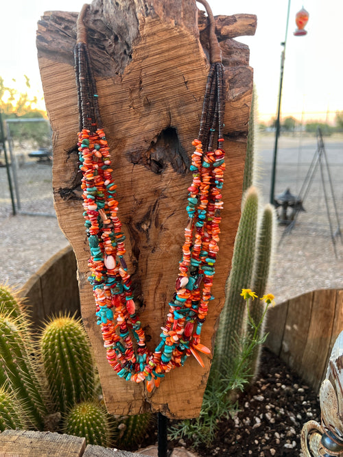 Gorgeous Navajo Made Six Strand Spiny Oyster and Turquoise Beaded Squaw Wrap Necklace with Spiny Oyster Tabs