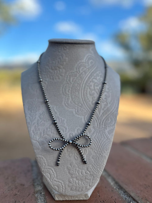 Navajo Made 4-6mm Sterling Silver Pearl Beaded Bow Tie  Necklaces