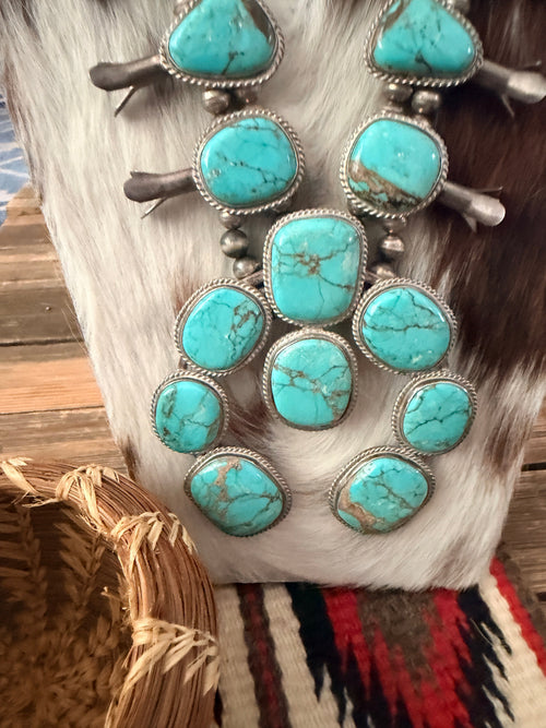 Old Pawn Handcrafted Turquoise & Sterling Silver Squash Blossom Necklace