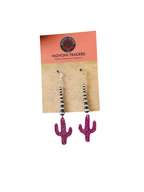 Summer Lovin’ Navajo Sterling Silver Pearl Beaded Opal Cactus Dangle Earrings