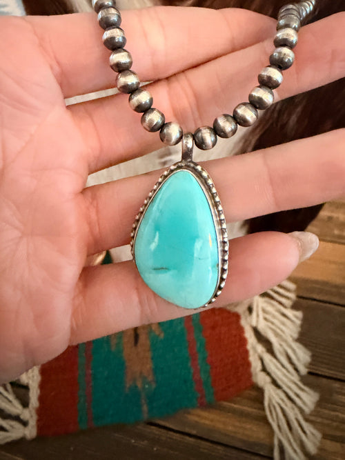 Handcrafted Turquoise & 5mm Sterling Silver Pearl 18” Beaded Necklace