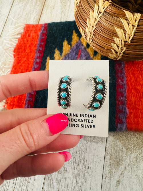 Navajo Sterling Silver & Turquoise Hoop Earrings