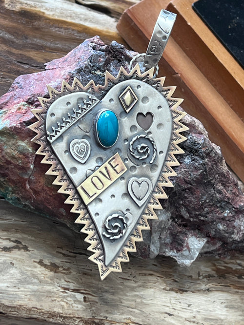 Kimari Somers Hand Stamped Sterling Silver, Brass & Turquoise Queen of Hearts Pendant