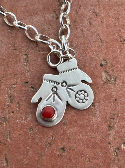 Handmade Sterling Silver and Coral CHRISTMAS MITTENS Charm