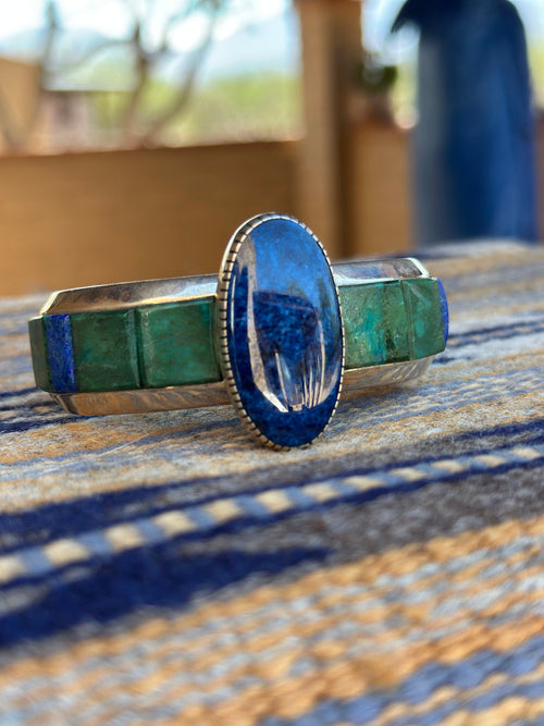Old Pawn Lapis and Malachite Inlay Cuff by artists Michael and Causandra Dukepoo