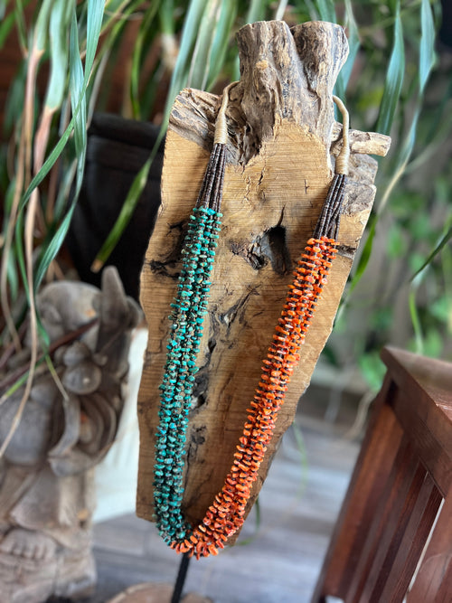 Gorgeous Santo Domingo Made Eight Strand Spiny Oyster and Turquoise Beaded Squaw Wrap Necklace by Daniel Coriz