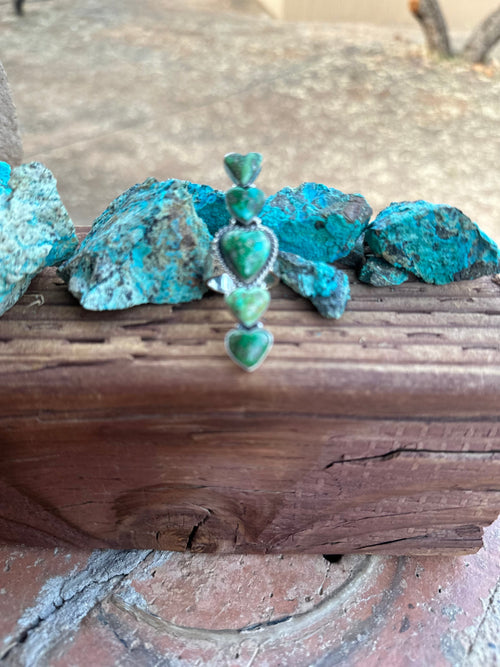 Beautiful Handmade Heart 5 Stone Sonoran Turquoise And Sterling Silver Adjustable Ring