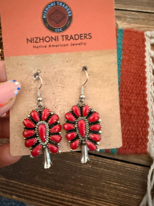 Handcrafted Old Pawn Sterling Silver & Coral Cluster Dangle Earrings