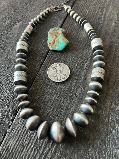 Navajo Sterling Silver Single Strand Beaded Statement Necklace by Rose Martin, 20” + 2”