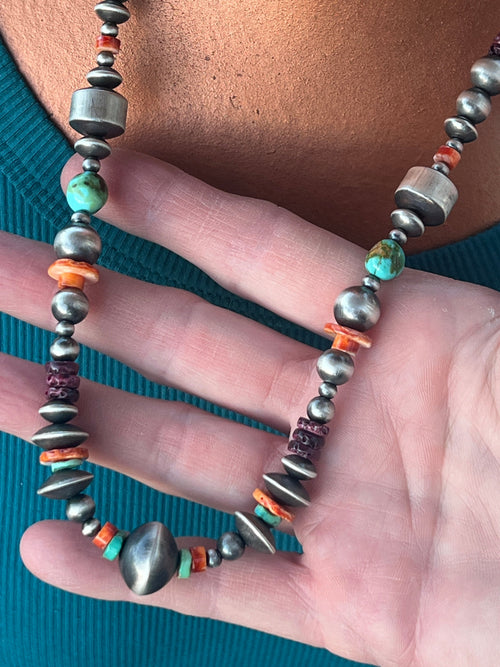 Rose Martin Electric Rainbow Sterling Silver, Turquoise and Spiny Oyster Single Strand Beaded Necklace, 22 inches