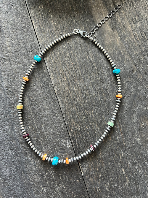 Summer Lovin’ Navajo Beaded Layering Necklace with Sterling Silver, Spiny Oyster Shell and Turquoise, 14 + 2”, The Color Drop
