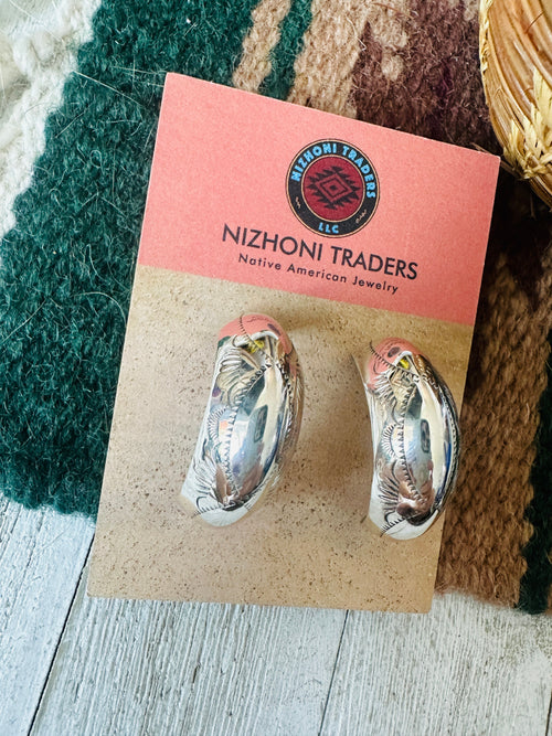 Navajo Hand Stamped Sterling Silver Hoop Earrings