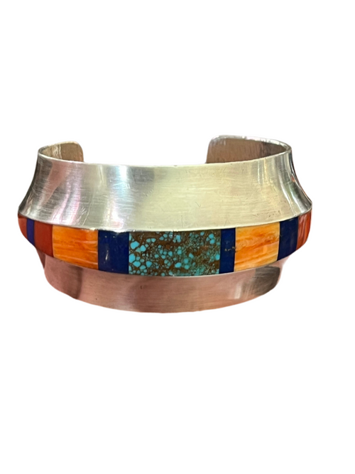 Old Pawn Sterling Silver, Number 8 Turquoise, Lapis, Spiny Oyster and Coral Inlay Cuff Bracelet by Duane Maktima