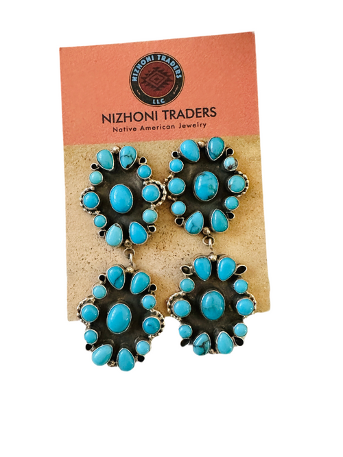 Navajo Sterling Silver & Sleeping Beauty Turquoise Cluster Dangle Earrings by Eula Wylie