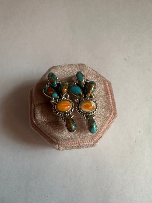 Handmade Orange Spiny, Turquoise Mojave And Sterling Silver Earrings