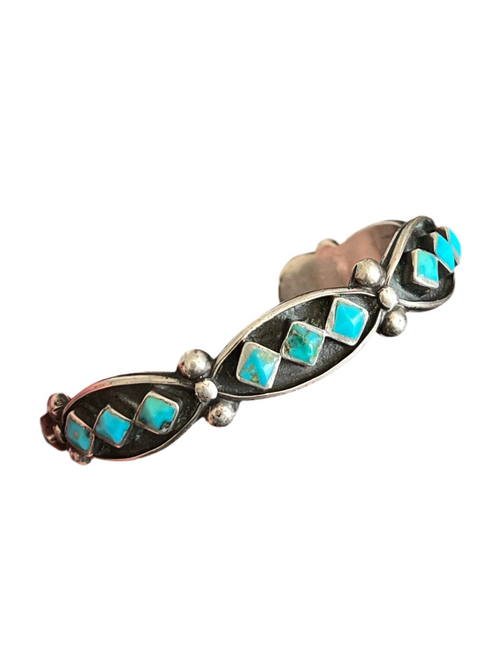 Vintage Zuni Sterling Silver and Three Diamond Turquoise Panel Stacker Cuff Bracelet