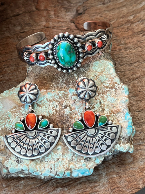 Handcrafted Beautiful Sterling Silver, Sonoran Turquoise and Spiny Oyster Shell Fruit Slice Concho Post Earrings by Loretta Delgarito