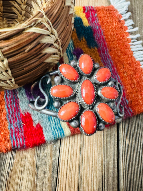 Handcrafted Old Pawn Sterling Silver & Coral Cluster Cuff Bracelet