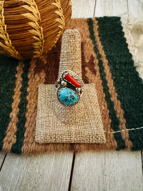 Old Pawn Handcrafted Turquoise, Coral & Sterling Silver Ring Size 9