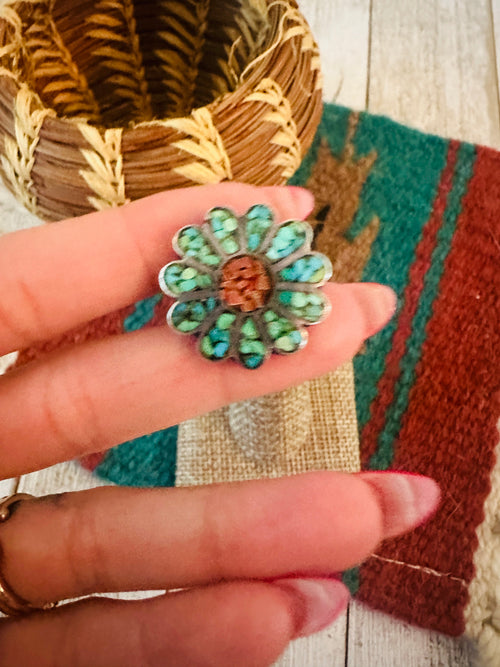 Old Pawn Navajo Sterling Silver, Turquoise & Coral Flower Ring Size 7.75