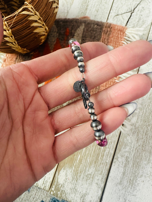 Navajo Pink Mojave and Sterling Silver Pearl Beaded Bracelet