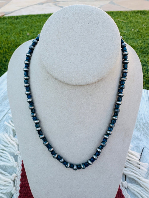 Sterling Silver Pearl & Lapis 18” Beaded Necklace