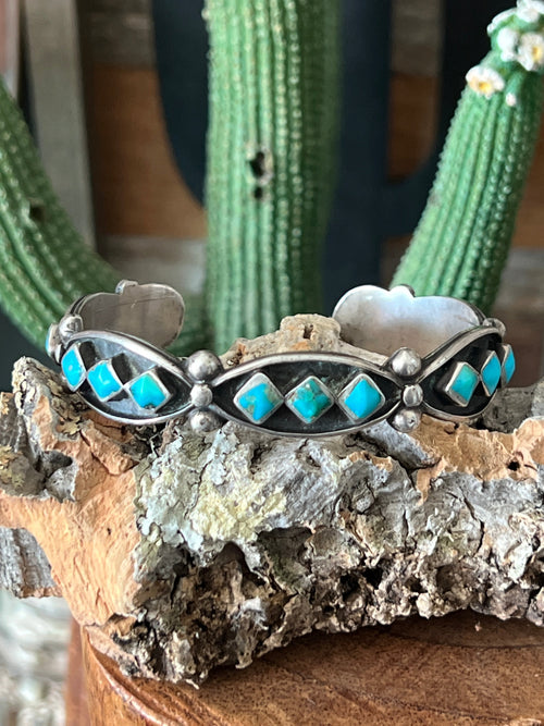 Vintage Zuni Sterling Silver and Three Diamond Turquoise Panel Stacker Cuff Bracelet