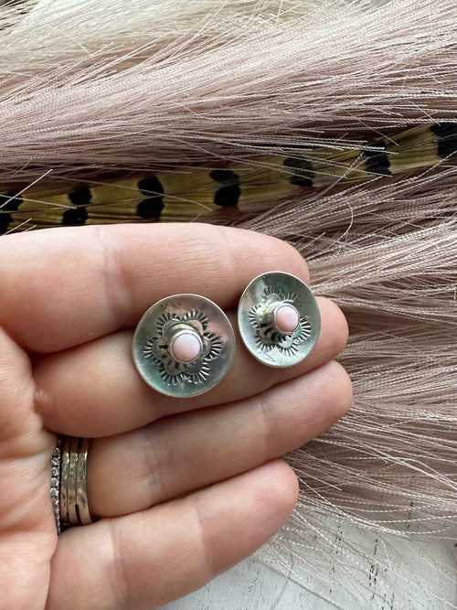 Navajo Sterling Silver & Pink Conch Post Earrings Signed B Shorty