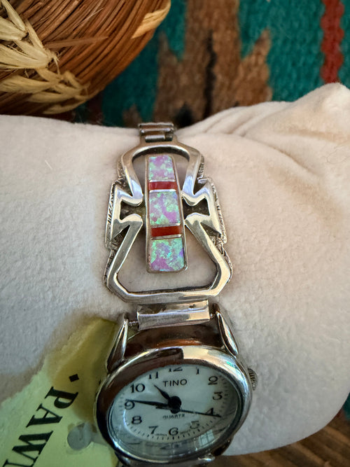 Handcrafted Old Pawn Opal, Coral & Sterling Silver Inlay Watch Band