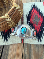 Handcrafted Old Pawn Sterling Silver, Turquoise & Coral Cuff Bracelet