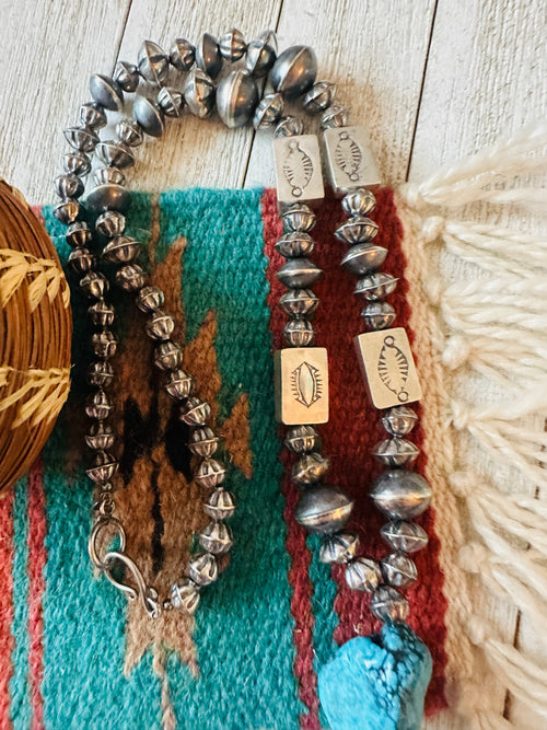 Navajo Turquoise & Sterling Silver Pearl Beaded Lariat Necklace