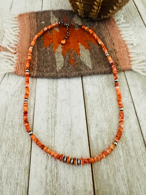 Navajo Orange Spiny & Sterling Silver 16” Beaded Necklace