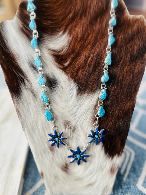 Old Pawn Zuni Sterling Silver, Turquoise & Lapis Flower Necklace and Earring Set