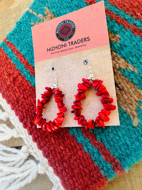 Navajo Sterling Silver Apple Coral Beaded Dangle Earrings