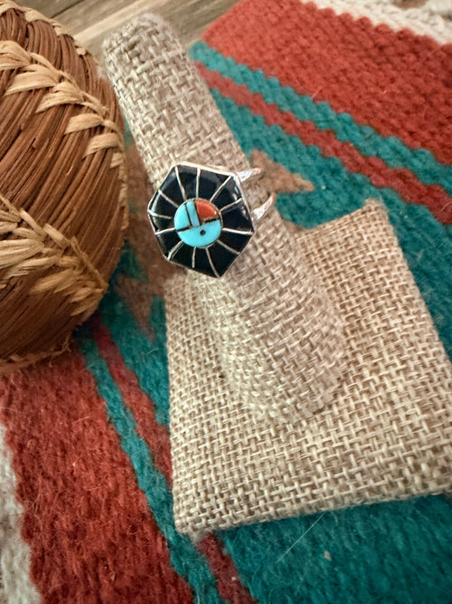 Old Pawn Handcrafted Turquoise, Onyx, Coral & Sterling Silver Inlay Sun Face Ring Size 8