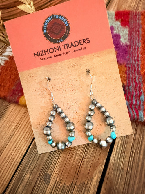 Handcrafted Turquoise & Sterling Silver Pearl Beaded Dangle Hoop Earrings